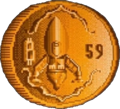 The Buckazoid coin: a pixel-art rocket, a ₿-like symbol and the number 59